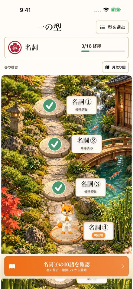 庭園の飛び石を進む、新しい修行路。名詞の修得済み3セクションと、次の現在地が見える